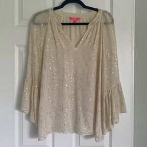 Women's Lilly Pulitzer White 3/4 Sleeve Top Blouse w. Gold Shimmer pattern- M